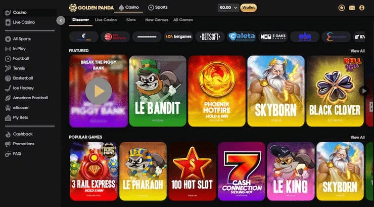 Golden Panda Casino — Lobby avec jeux Featured et Popular