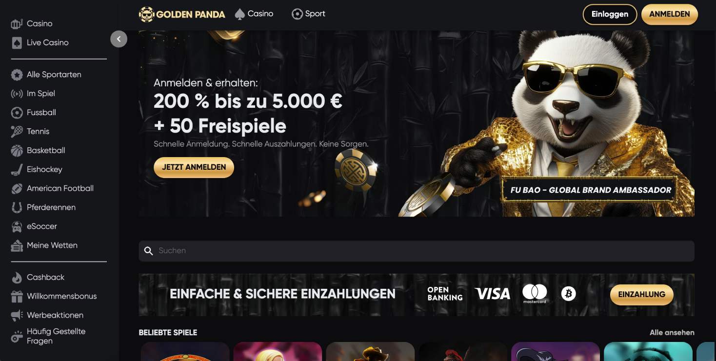 Golden Panda Casino — Homepage avec bonus 200% + 5 000€ et Fu Bao